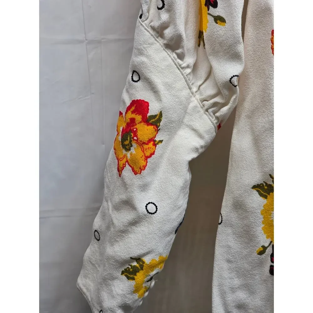 Free People Floral Long Sleeve Mini Dress Cream Boho Peasant Sleeve Size 8